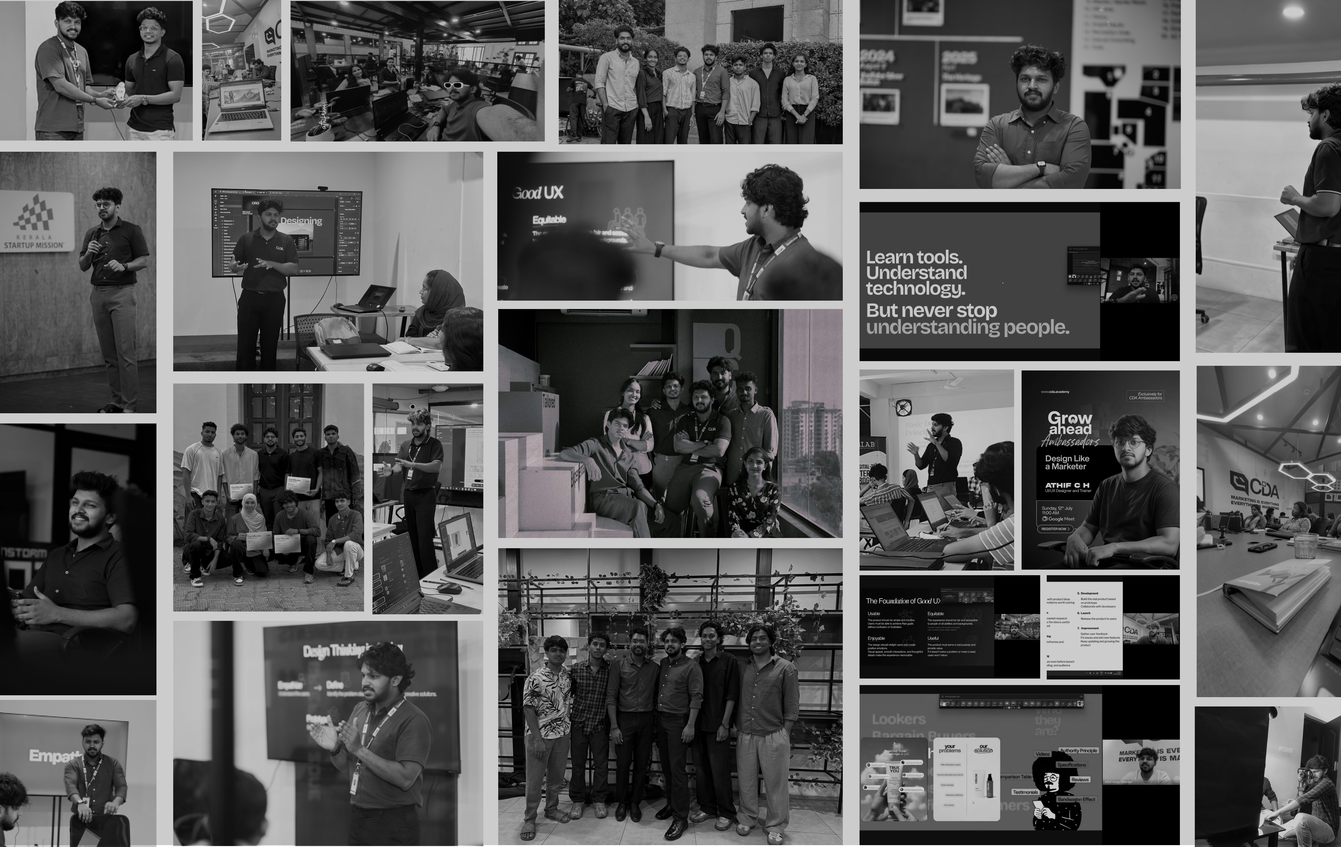 A collage of UX workshops, presentations, and learner groups